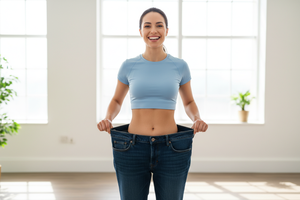 pero mostra a una persona que le queda grande el pantalon por bajar de peso, como la imagen que te pase, pero mejorala